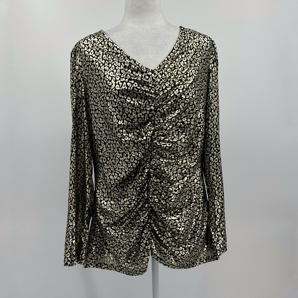 Nine West Cinched Blouse Black Gold Foil Leopard Print size XL - Picture 1 of 11